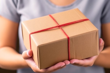 close up of woman hands holding cardboard box with red ribbon on itの素材