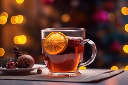 Mulled tea with lemon and spices on a wooden table against the background of a Christmas treeの素材