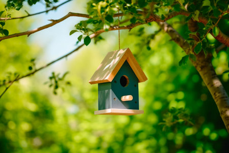 Birdhouse hanging on a tree in the garden. Selective focus.の素材
