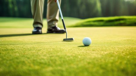 Close-up of golf player putting golf ball into hole at golf courseの素材