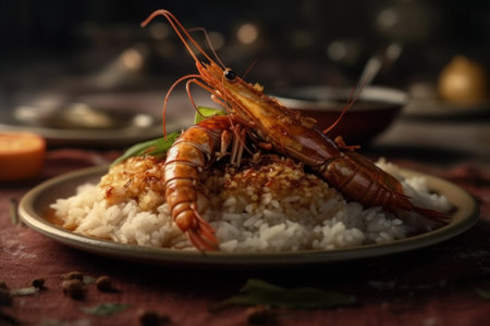 Plate with delicious shrimps and rice on table, closeupの素材