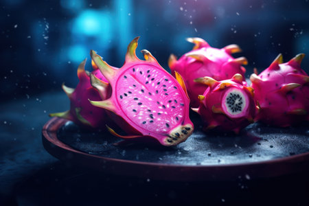 Dragon fruit on a black background with water drops. Toned.の素材