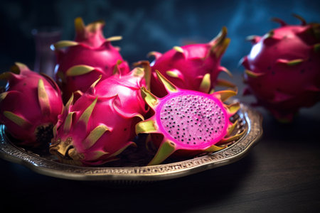 Dragon fruit or pitaya on vintage plate on wooden table with smoke.の素材
