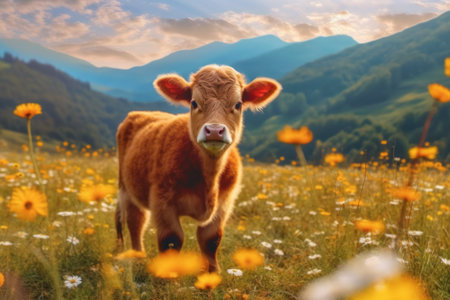 Calf in the meadow with daisies and mountains in the backgroundの素材