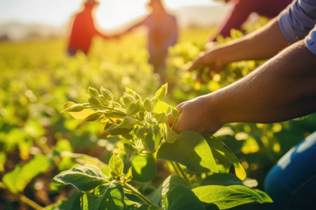 Farmer working in the field, examining the quality of the plantsの素材