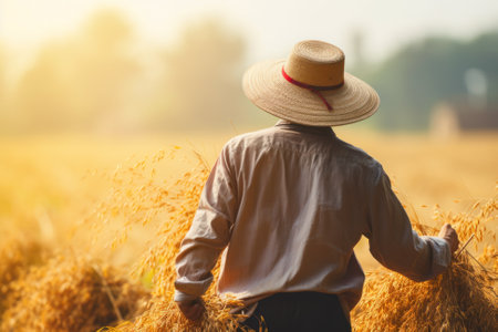 Rear view of farmer standing in golden rice field with straw hatの素材