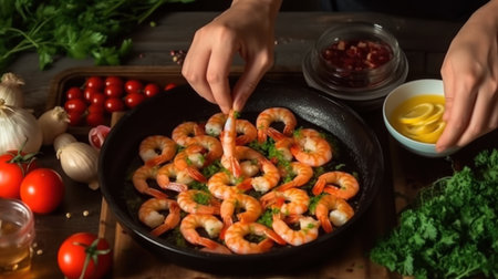 Female hands cooking shrimps with herbs and spices in a frying panの素材