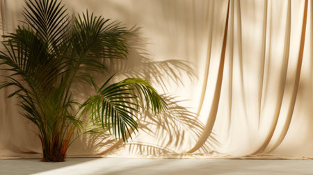 Palm tree in vase on the background of curtain. 3d renderingの素材
