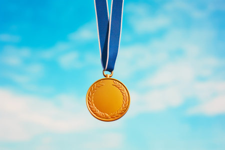 Gold medal with blue ribbon on blue sky background, close-upの素材