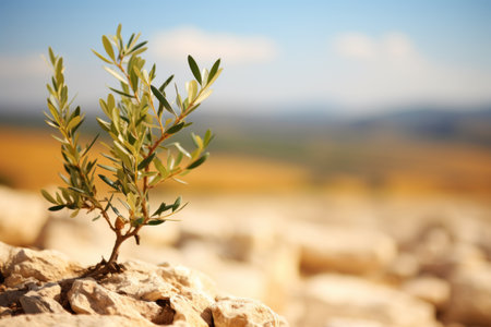 Olive tree growing on the rocks against the background of Palestine. Pray for Palestine concept.の素材