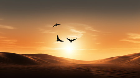 Seagulls in the desert at sunset. 3d renderの素材