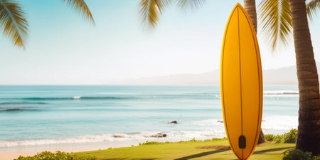 Surfboard on the beach with palm trees in the background.の素材
