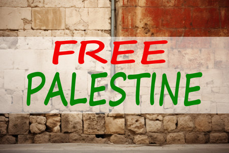 Free Palestine text on brick wall background.Concept of Israeli-Palestinian conflict.の素材