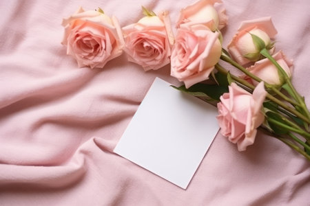 Pink roses with blank card on draped satin fabricの素材