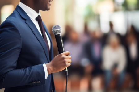 Man speaking into microphone at a formal eventの素材