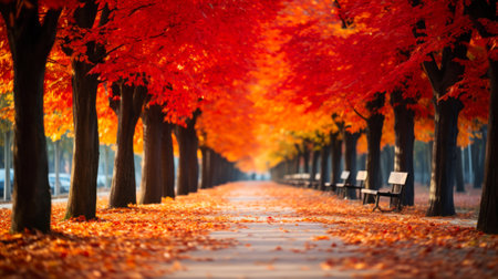 Beautiful autumn alley with red maple trees and bench in the park.の素材