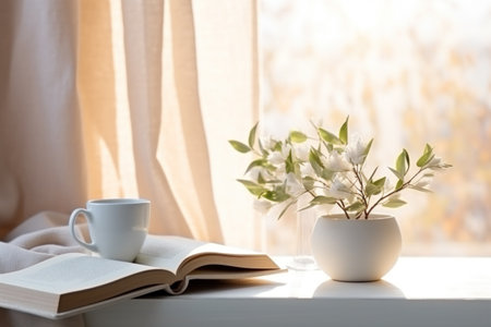 Cozy morning setup with coffee, book, and flowers by windowの素材
