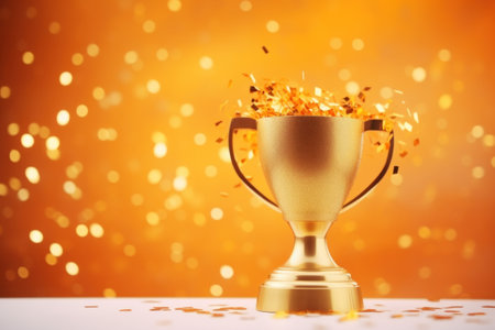 Golden trophy with confetti on shimmering backgroundの素材