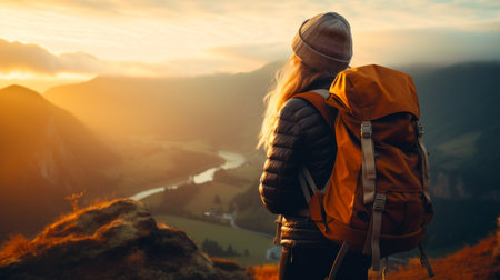 A young woman with a backpack is standing on the top of a mountain and looking at the sunsetの素材
