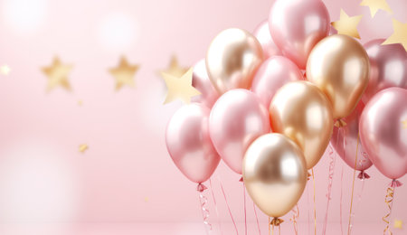 Pink and gold balloons with stars on pink background.の素材