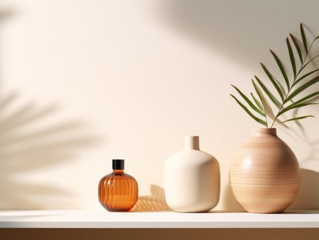 Elegant minimalist vases displayed on a shelf with shadow and light play.の素材