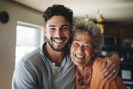 Happy young hispanic man and elderly mother hugging and smiling indoorsの素材