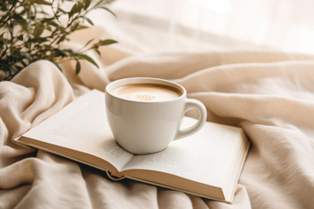 Coffee cup on an open book with cozy blanketの素材