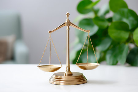 Golden scales of justice on a white background with greeneryの素材