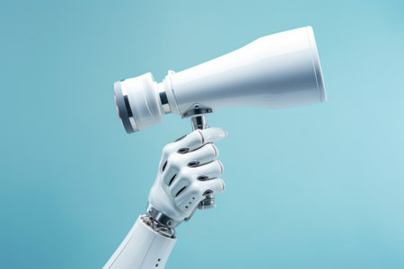 Robotic hand holding a white megaphone against blue background.の素材