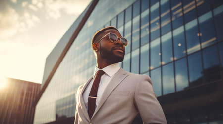 Stylish businessman with sunglasses against modern building.の素材