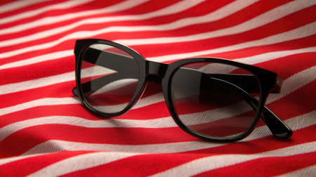 Black sunglasses on red and white striped fabric.の素材