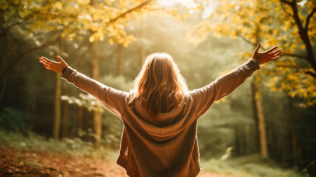Woman with open arms enjoying autumn forest sunlight.の素材