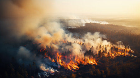 Intense wildfire consuming a forest at sunset.の素材