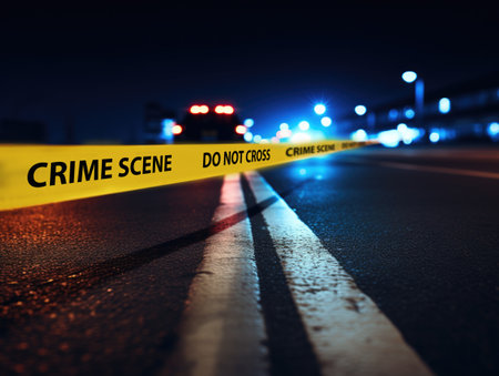 Crime scene tape across a dark street at night.の素材