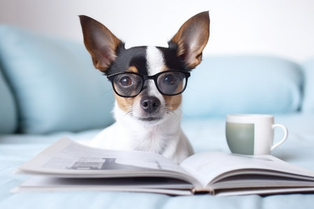 Dog with glasses reading a book and a coffee cup nearbyの素材