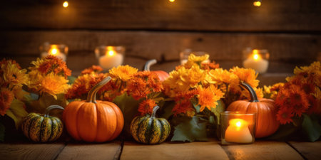 Autumnal centerpiece with pumpkins and candlesの素材