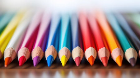 A set of sharp colored pencils in focus.の素材