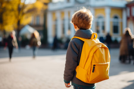 Back view of a little boy with a backpack walking in the cityの素材