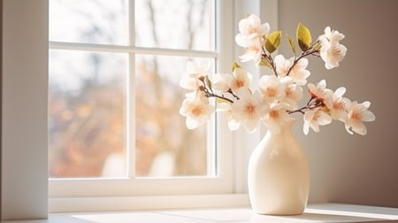 Cherry blossoms in vase on sunny windowsill.の素材