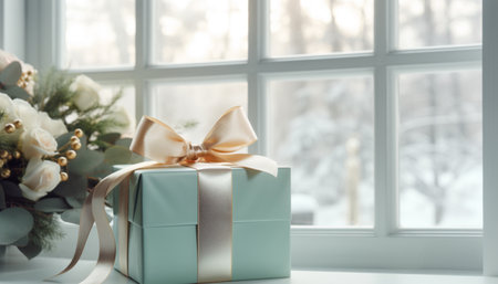 Gift box with golden ribbon by snowy window.の素材