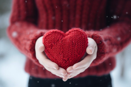 Hands holding red knitted heart in snow.の素材