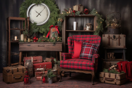 Vintage Christmas decor with plaid armchair and festive wreath.の素材