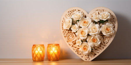 Wooden heart with white roses and glowing candleholdersの素材