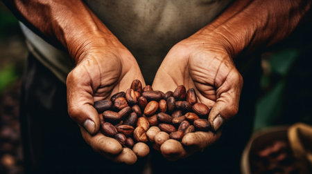 Farmer holding fresh coffee beans. Concept of sustainable agriculture and harvestの素材