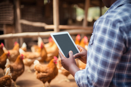 Farmer with tablet in chicken coop. The concept is smart agricultureの素材