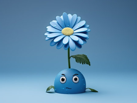 Sad blue flower with expressive face on blue background. Blue Monday concept.の素材