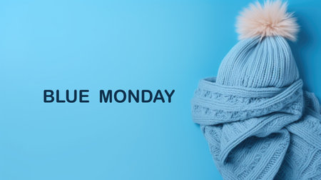 Knitted hat and scarf set on blue background, Blue Monday concept.の素材