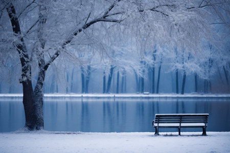 Blue Monday concept. Snowy park bench by a tranquil lakeの素材