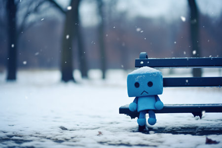 Blue toy sitting alone on a snowy bench. The concept is solitude in winter. Blue Monday.の素材