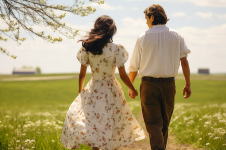 Couple holding hands walking in a field. The concept symbolizes togetherness and freedomの素材